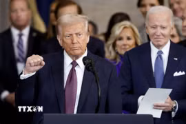 Tổng thống Mỹ Donald Trump phát biểu sau khi tuyên thệ nhậm chức ở Washington, DC., ngày 20/1/2025. (Ảnh: REUTERS/TTXVN)