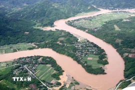 Một đoạn thượng nguồn sông Lam nước vẫn đục ngầu. (Ảnh: Văn Tý/TTXVN)