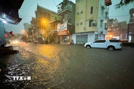 Mưa lớn gây ngập úng cục bộ trên Quốc lộ 48 qua địa bàn tại thị xã Thái Hòa (Nghệ An). (Ảnh: TTXVN phát)