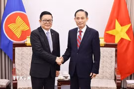 Bí thư Trung ương Đảng, Bộ trưởng Bộ Ngoại giao Lê Hoài Trung tiếp Tổng Thư ký ASEAN Kao Kim Hourn. (Ảnh: Minh Đức/TTXVN)
