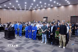 Các bị cáo tại phiên toà xét xử. (Ảnh: Phạm Kiên/TTXVN)