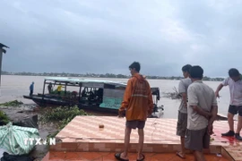 Sạt lở bờ sông Tiền thuộc ấp Tân Quới, xã Tân Long, tỉnh Đồng Tháp làm 4 căn nhà của người dân đổ sụp xuống sông. (Ảnh: TTXVN phát)