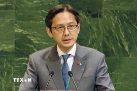 Đại sứ Đỗ Hùng Việt, Trưởng Phái đoàn thường trực Việt Nam tại Liên hợp quốc, phát biểu tại phiên toàn thể. (Ảnh: Thanh Tuấn/TTXVN)