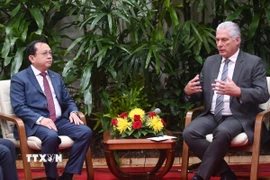 Chủ tịch Cuba Miguel Diaz-Canel đánh giá cao mối quan hệ đặc biệt với Việt Nam trong cuộc gặp Thứ trưởng Bộ Tài chính Lê Tấn Cận. (Ảnh: Việt Hùng/TTXVN)