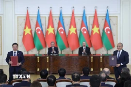 Tổng Bí thư Tô Lâm và Tổng thống Azerbaijan Ilham Aliyev chứng kiến trao đổi Bản ghi nhớ trong lĩnh vực thăm dò và khai thác, dịch vụ kỹ thuật dầu khí và đào tạo giữa Tập đoàn Công nghiệp - Năng lượng Quốc gia Việt Nam và Bộ Kinh tế Azerbaijan. (Ảnh: Thống Nhất/TTXVN)