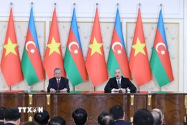 Tổng Bí thư Tô Lâm và Tổng thống Azerbaijan Ilham Aliyev họp báo chung, thông báo kết quả hội đàm. (Ảnh: Thống Nhất/TTXVN)