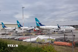 Máy bay của hãng hàng không WestJet tại sân bay quốc tế Vancouver ở Richmond, British Columbia, Canada. (Ảnh: THX/TTXVN)