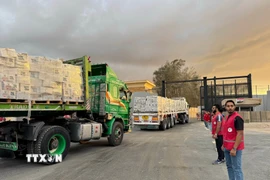 Xe chở hàng viện trợ nhân đạo đi qua cửa khẩu Rafah. (Ảnh: THX/TTXVN)