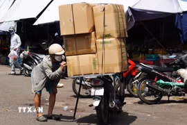 Kiểm kê hàng hóa giữa nắng nóng gay gắt trên đường Chương Dương-chợ Đông Ba, phường Phú Xuân, thành phố Huế. (Ảnh: Nguyên Lý/TTXVN)