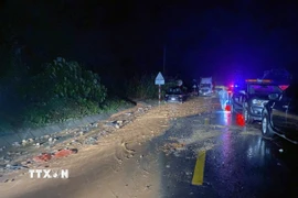 Khu vực đèo Khánh Lê (xã Nam Khánh Vĩnh, tỉnh Khánh Hòa) vẫn còn tiếp tục sạt lở. (Ảnh: TTXVN phát)