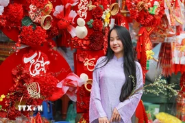 Người dân lưu lại khoảnh khắc tại chợ hoa Hàng Lược. (Ảnh: Khánh Hòa/TTXVN)