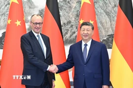 Chủ tịch Trung Quốc Tập Cận Bình (phải) và Thủ tướng Đức Friedrich Merz tại cuộc gặp ở Bắc Kinh ngày 25/2/2026. (Ảnh: THX/TTXVN)