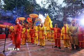 Đại diện từng thôn lên dâng cúng vật phẩm. (Ảnh: Tuấn Anh/TTXVN)