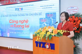 Đồng chí Vũ Việt Trang, Ủy viên Ban Thường vụ Đảng ủy các cơ quan Đảng Trung ương, Bí thư Đảng ủy, Tổng Giám đốc Thông tấn xã Việt Nam, Phó Trưởng Ban Tuyên giáo và Dân vận Trung ương phát biểu. (Ảnh: Lê Đông/TTXVN)