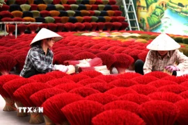 Sản xuất hương truyền thống ở Quảng Phú Cầu. (Ảnh: Thành Phương/TTXVN)