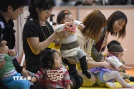 Các em bé tham gia cuộc thi bò dành cho trẻ sơ sinh tại Yokohama,ngoại ô Tokyo, Nhật Bản. (Ảnh: AFP/TTXVN)