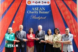 Đại sứ Bùi Lê Thái tham gia chụp ảnh lưu niệm cùng ông István Jakab, Phó Chủ tịch Quốc hội Hungary và đại sứ các nước ASEAN. (Ảnh: TTXVN phát)