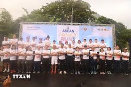 Các đại biểu chụp ảnh lưu niệm kết vòng tay đặc trưng ASEAN. (Ảnh: Đỗ Sinh/TTXVN)