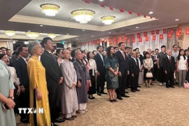 Cộng đồng người Việt Nam tại Nhật Bản thực hiện nghi lễ chào cờ trong Lễ kỷ niệm. (Ảnh: Nguyễn Tuyến/TTXVN)