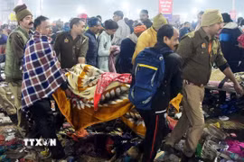Lực lượng cứu hộ chuyển nạn nhân sau vụ giẫm đạp tại lễ hội tôn giáo Kumbh Mela ở thành phố Prayagraj, bang Uttar Pradesh, Ấn Độ ngày 29/1/2025. (Ảnh: THX/TTXVN)