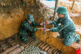 Cán bộ, chiến sĩ Công ty xử lý bom mìn, vật nổ 319 (Bộ Quốc phòng) thu gom bom, mìn tại vùng biên giới các xã Minh Tân, Tả Ván và Nghĩa Thuận, tỉnh Hà Giang (7/2023). (Ảnh: Hoàng Hiếu/TTXVN)