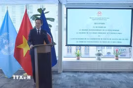Đại sứ Đỗ Hùng Việt, Trưởng Phái đoàn thường trực Việt Nam tại Liên hợp quốc, phát biểu tại buổi tiếp tân. (Ảnh: Thanh Tuấn/TTXVN)