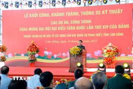 Đại tướng Phan Văn Giang, Ủy viên Bộ Chính trị, Bộ trưởng Bộ Quốc phòng, phát biểu tại Lễ Khánh thành. (Ảnh: Nguyễn Thanh/TTXVN)