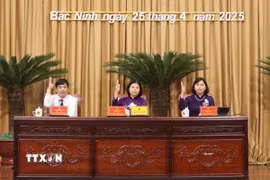 Các đại biểu biểu Hội đồng Nhân dân tỉnh Bắc Ninh quyết thông qua Nghị quyết. (Ảnh: Thanh Thương/TTXVN)