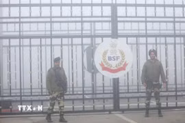 Binh sỹ gác tại cửa khẩu biên giới giữa Pakistan và Ấn Độ, tại Attari, gần Amritsar, Ấn Độ. (Ảnh: ANI/TTXVN)