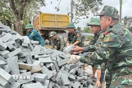 Chiến sỹ Đoàn Kinh tế-Quốc phòng 207/Quân khu 5 vận chuyển vật liệu xây sửa nhà cho người dân. (Ảnh: Tường Quân/TTXVN)