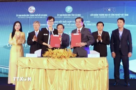 Lãnh đạo Ủy ban Nhân dân Tỉnh Cà Mau và doanh nghiệp ký kết thoả thuận hợp tác tại hội nghị. (Ảnh: Xuân Anh/TTXVN)