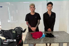 Hai đối tượng Lương Công Thuận và Lê Văn Nhâm tại cơ quan công an. (Ảnh: TTXVN phát)