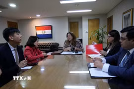 Đại sứ Ngô Minh Nguyệt và Tổng Vụ trưởng Chính sách Đa phương trực thuộc Bộ Ngoại giao Paraguay Nimia Da Silva Boschert trao đổi các biện pháp thúc đẩy hơn nữa quan hệ hợp tác chính trị, kinh tế và thương mại giữa hai nước, đặc biệt tại các diễn đàn đa phương và khu vực như Liên hợp quốc và Mercosur. (Ảnh: Diệu Hương/TTXVN)