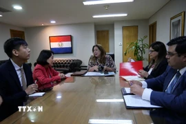 Đại sứ Ngô Minh Nguyệt và Tổng Vụ trưởng Chính sách Đa phương trực thuộc Bộ Ngoại giao Paraguay Nimia Da Silva Boschert trao đổi các biện pháp thúc đẩy hơn nữa quan hệ hợp tác chính trị, kinh tế và thương mại giữa hai nước, đặc biệt tại các diễn đàn đa phương và khu vực như Liên hợp quốc và Mercosur. (Ảnh: Diệu Hương/TTXVN)