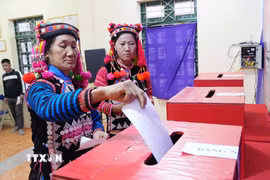 Đồng bào dân tộc Hà Nhì trong trang phục rực rỡ bỏ phiếu tại Tổ bầu cử số 1, xã Sín Thầu, tỉnh Điện Biên. (Ảnh: Trung Kiên/TTXVN)