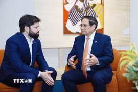 Thủ tướng Phạm Minh Chính gặp Tổng thống Chile Gabriel Boric. (Ảnh: Dương Giang/TTXVN)