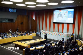 Tổng thư ký Liên hợp quốc Antonio Guterres phát biểu tại sự kiện “Khoảnh khắc SDG” ở New York (Mỹ), ngày 22/9/2025. (Ảnh: THX/TTXVN)