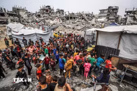 Người dân Palestine chờ được phát thực phẩm cứu trợ tại Gaza, ngày 24/4/2025. (Ảnh: THX/TTXVN)