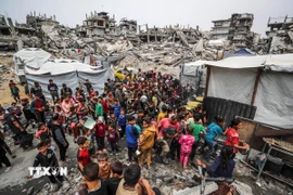 Người dân Palestine chờ được phát thực phẩm cứu trợ tại Gaza, ngày 24/4/2025. (Ảnh: THX/TTXVN)