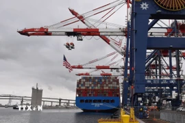 Tàu container thuộc công ty vận tải COSCO của Trung Quốc neo tại cảng Long Beach, bang California, Mỹ. (Ảnh: THX/TTXVN)