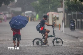Cảnh ngập lụt sau những trận mưa lớn do ảnh hưởng của bão Wipha tại Quezon, Philippines. (Ảnh: THX/TTXVN)