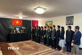 Đại sứ Việt Nam tại Brazil, Bùi Văn Nghị, cùng toàn thể cán bộ, nhân viên và gia đình Đại sứ quán và Phòng Tùy viên Quốc phòng viếng nguyên Chủ tịch nước Trần Đức Lương. (Ảnh: Đại sứ quán cung cấp/TTXVN phát)