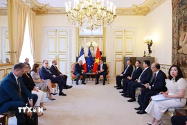 Thủ tướng Phạm Minh Chính hội kiến Chủ tịch Thượng viện Pháp Gerard Larcher. (Ảnh: Dương Giang/TTXVN)