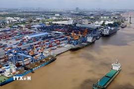 Cảng Hải Phòng đã thực hiện cung cấp một chuỗi các dịch vụ trọn gói cho khách hàng, bao gồm vận tải-lai dắt-xếp dỡ hàng hóa. (Ảnh: Tuấn Anh/TTXVN)
