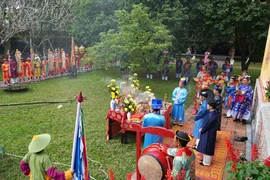 Nghi thức dựng nêu ở khu vực sân Hiển Lâm Các, Đại Nội Huế. (Ảnh: Nguyên Lý/TTXVN)