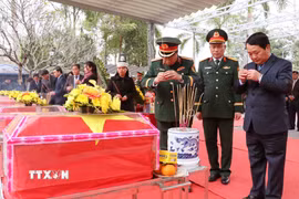 Lãnh đạo tỉnh Tuyên Quang cùng thân nhân các liệt sỹ dâng hương các phần mộ được an táng tại nghĩa trang liệt sỹ Vị Xuyên (Tuyên Quang). (Ảnh: Đức Thọ/TTXVN)
