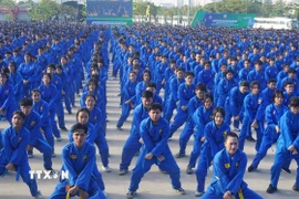 Học sinh tham gia đồng diễn võ nhạc Vovinam. (Ảnh: Thu Hoài/TTXVN)