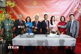 Đại sứ Nguyễn Đắc Thành (thứ2, bên trái), Phu nhân và các vị khách vớt bánh chưng mở đầu buổi lễ. (Ảnh: Thu Hằng/TTXVN)