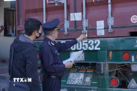 Lực lượng hải quan kiểm tra, giám sát hàng hoá xuất nhập khẩu trên các phương tiện thông quan qua Cửa khẩu Quốc tế Lao Bảo. (Ảnh: Thanh Thủy/TTXVN)