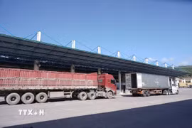 Các doanh nghiệp trung chuyển hàng hóa từ Lào về Việt Nam qua cửa khẩu Lao Bảo. (Ảnh: Thanh Thủy/TTXVN)